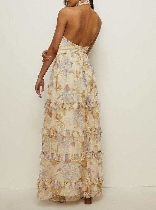 Pastel Floral Halter Tiered Maxi Dress