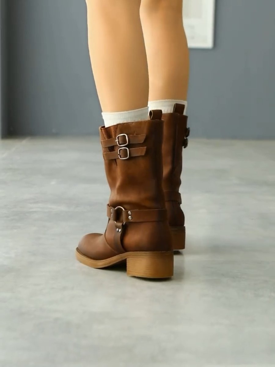 Bottom Buckle Detail Elastic Long Pull Up Boots