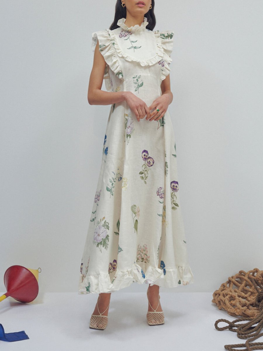 Floral-print Hemp-poplin Midi Dress