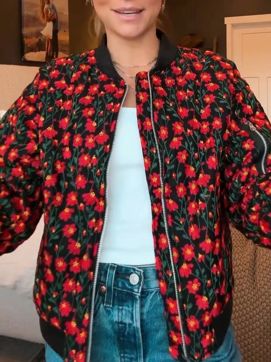 Fashionable Embroidered Daisy Bomber Jacket