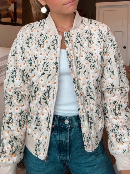 Fashionable Embroidered Daisy Bomber Jacket