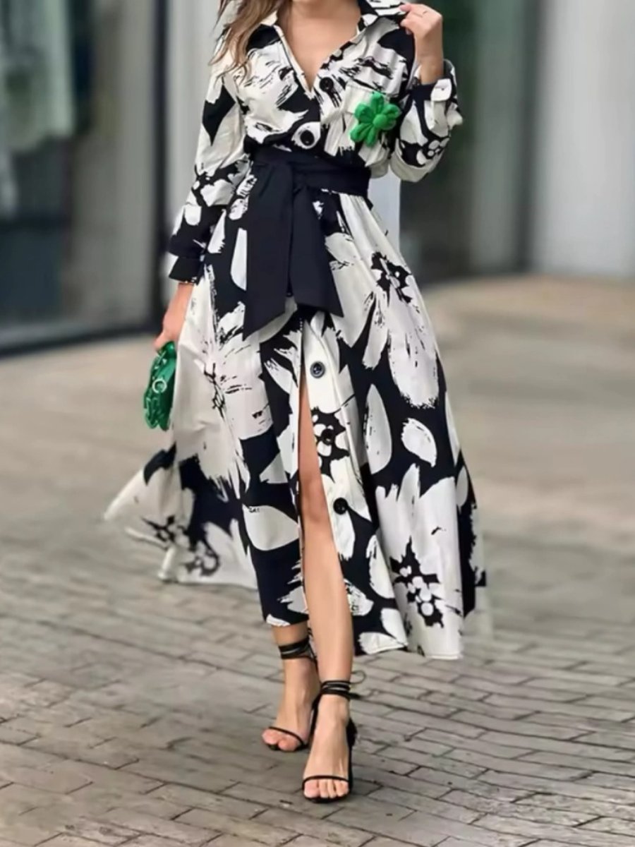 Colorblock Long Sleeve Print Dress