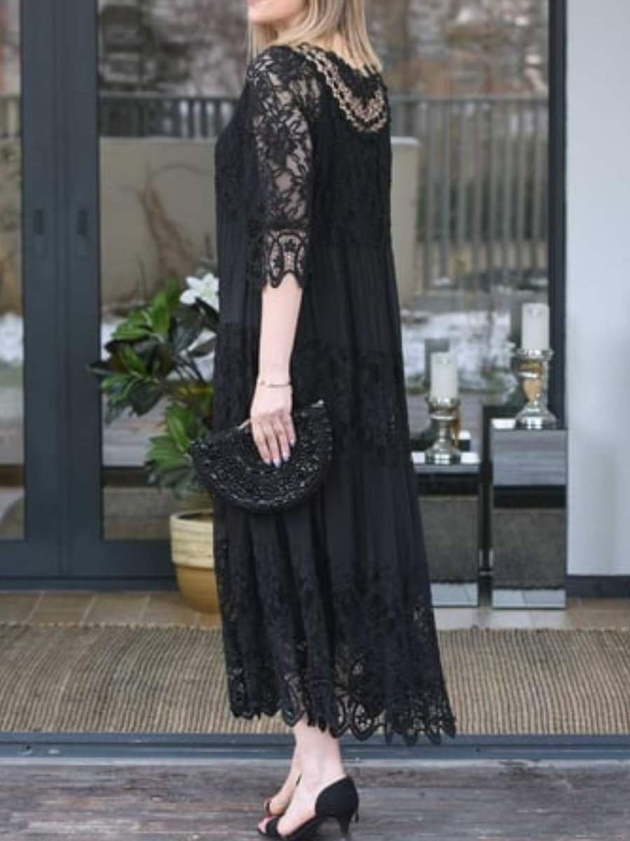 Loose Lace Trim Fashion Long Sleeve Dress