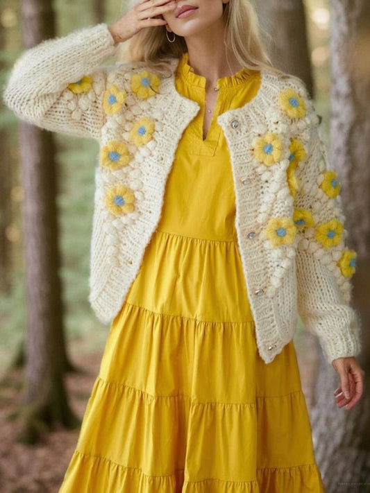 YELLOW STITCH FLOWER POM-POM KNIT CARDIGAN