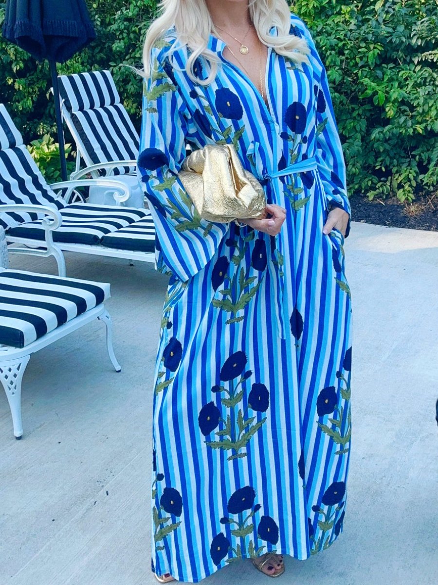 Fashion V-neck Long-Sleeved Striped Floral Maxi Dress