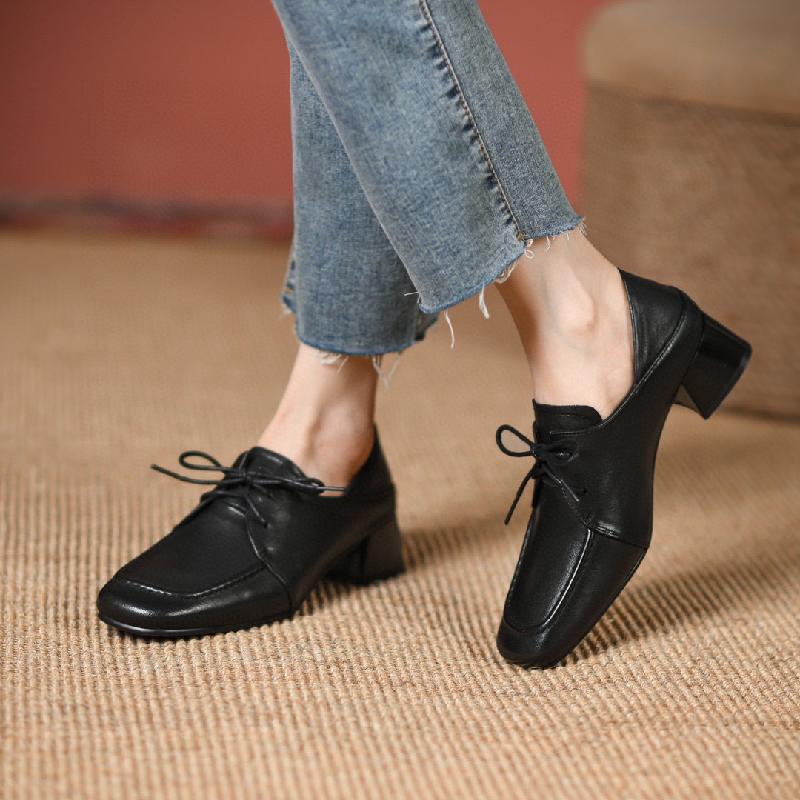 New Lace-Up Lambskin Low Heel Square Toe Loafers