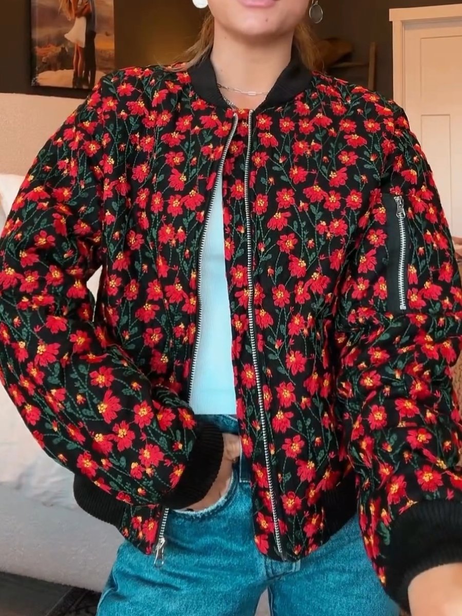 Fashionable Embroidered Daisy Bomber Jacket