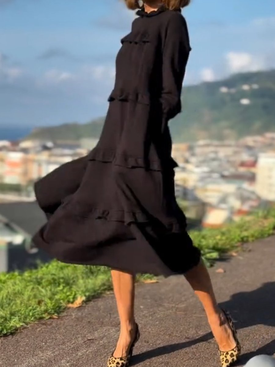 Long-Sleeved Black Loose Dress