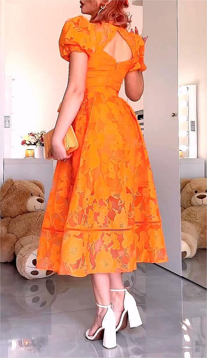 Orange Lace V Neck Dress