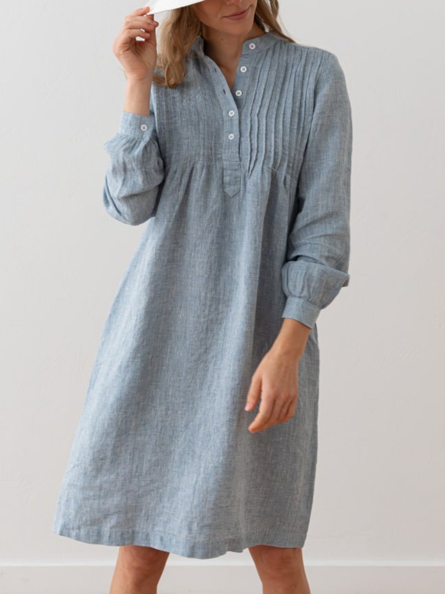 Long Sleeve Washed Pleated Linen Dress