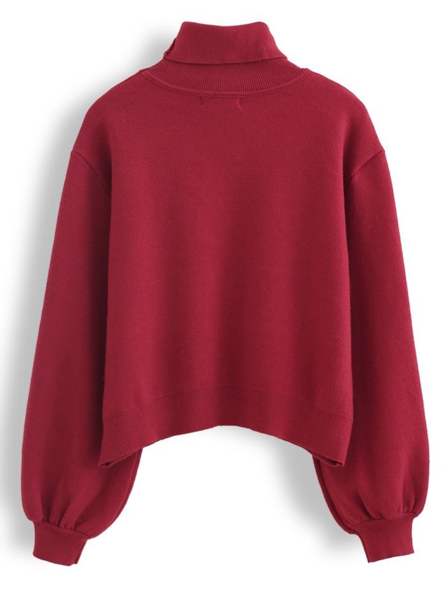 Embroidered Heart High Neck Knit Sweater In Red