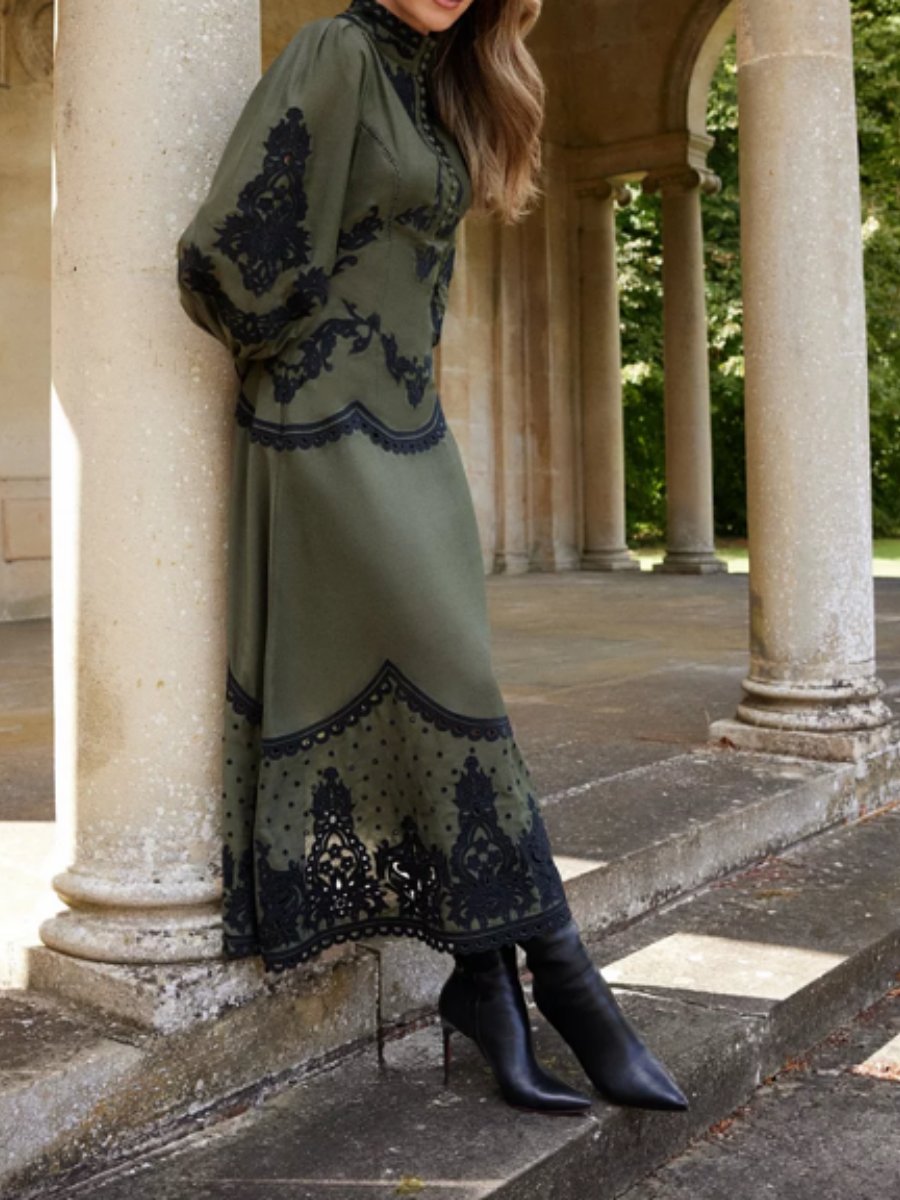 Fall Olive Printed Lace Maxi Dress