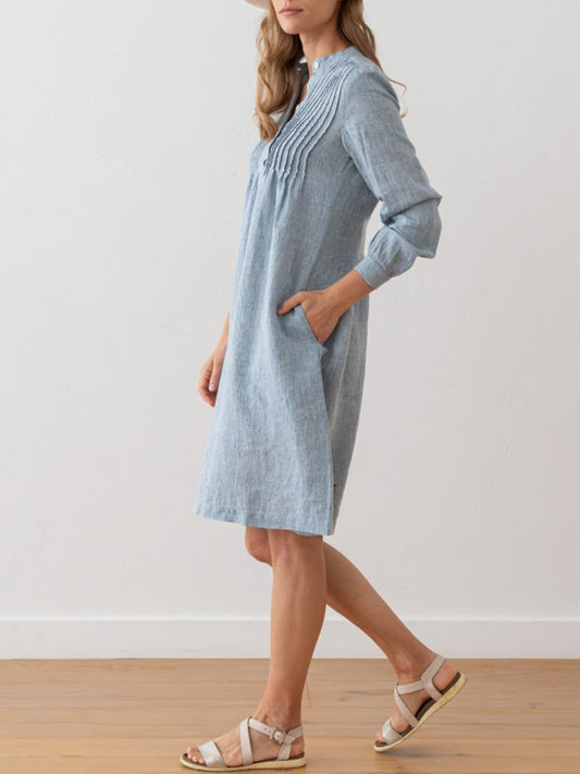 Long Sleeve Washed Pleated Linen Dress