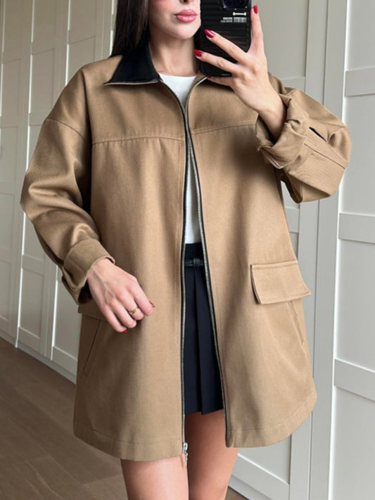 Women's Leather Collar Midi Jacket