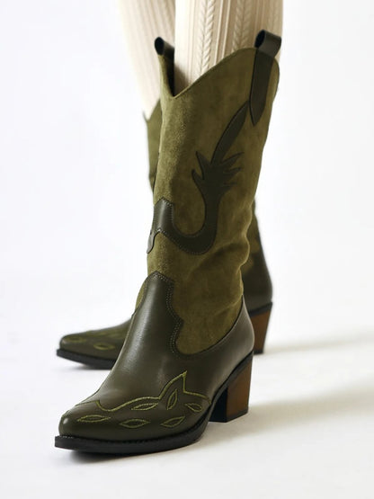 Suede Detailed Embroidered Pointed Toe Western Boots