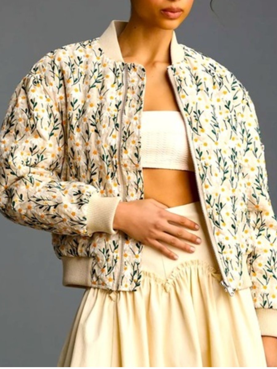 Fashionable Embroidered Daisy Bomber Jacket