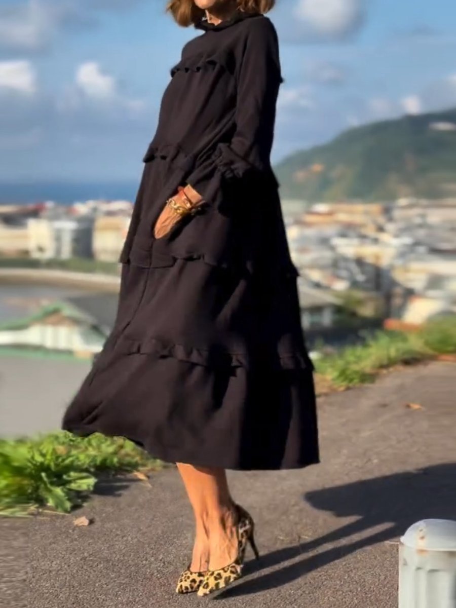 Long-Sleeved Black Loose Dress