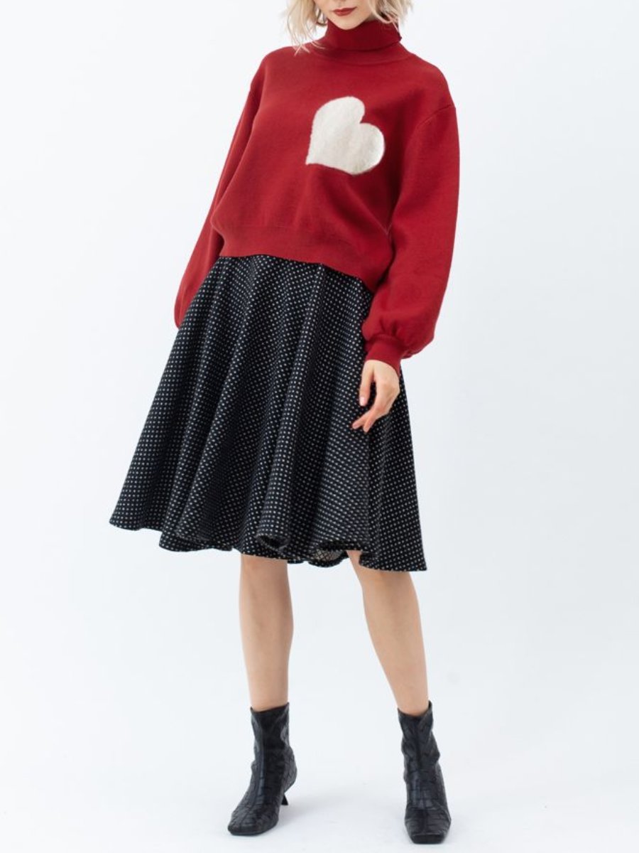 Embroidered Heart High Neck Knit Sweater In Red