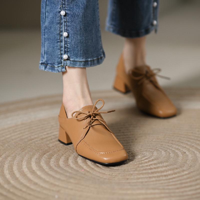 New Lace-Up Lambskin Low Heel Square Toe Loafers