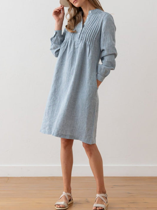 Long Sleeve Washed Pleated Linen Dress