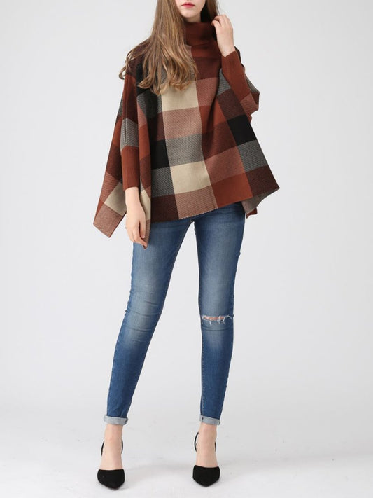 Lie In Check Fields Turtleneck Cape Caramel Sweater