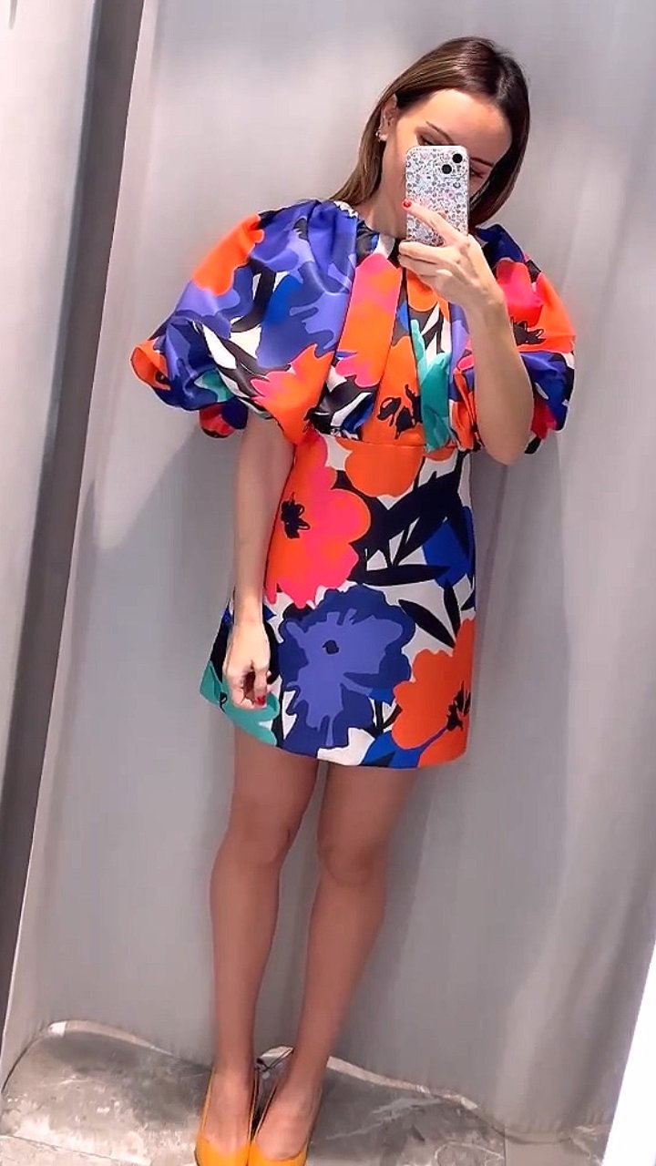 Printed Balloon Sleeve Midi Dress