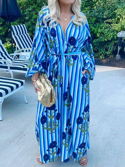 Fashion V-neck Long-Sleeved Striped Floral Maxi Dress