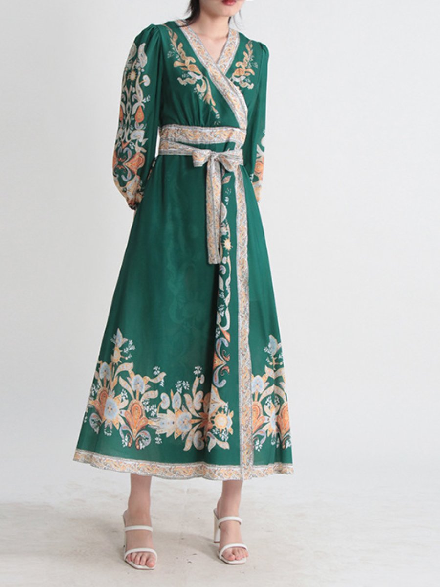 Vintage Puff Sleeve Lace-Up Printed Midi Dress