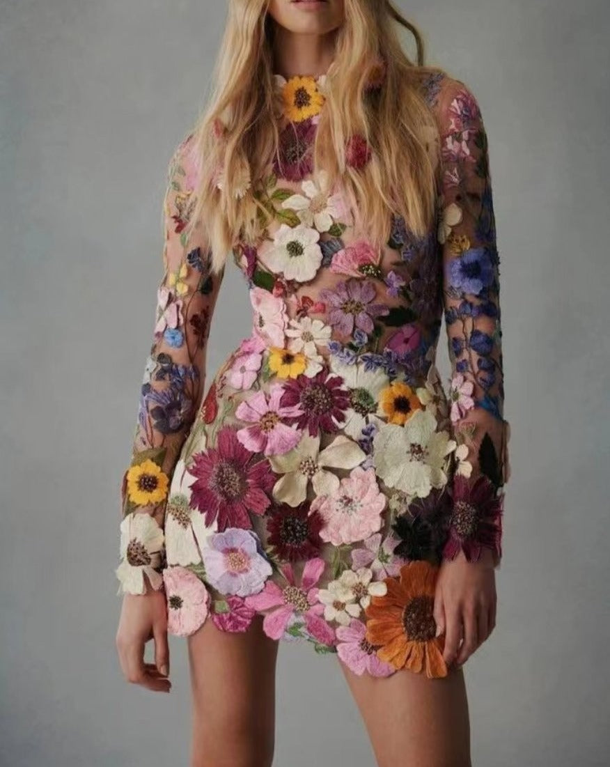 Three-dimensional flower wrap hip sexy dress