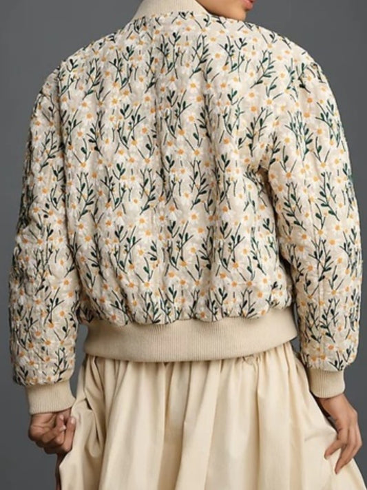 Fashionable Embroidered Daisy Bomber Jacket