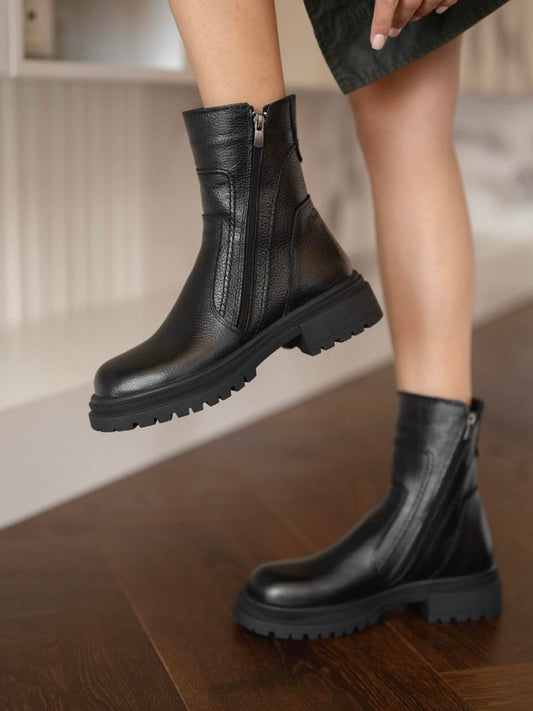 Women's Black Double Zip Leather Boots