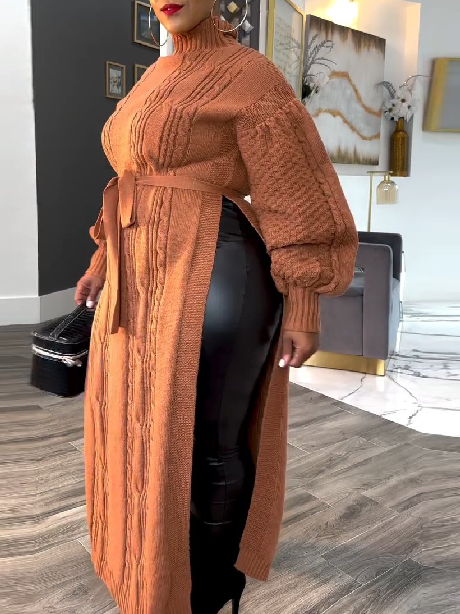 Lantern Sleeve Side Slit Turtleneck Long Sweater Skirt