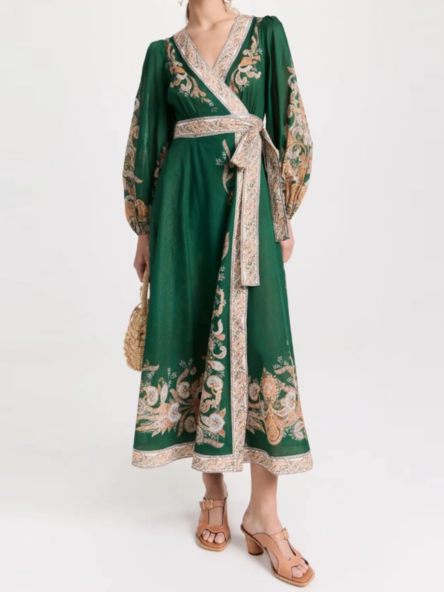 Fall Green Printed Long Sleeve Dress