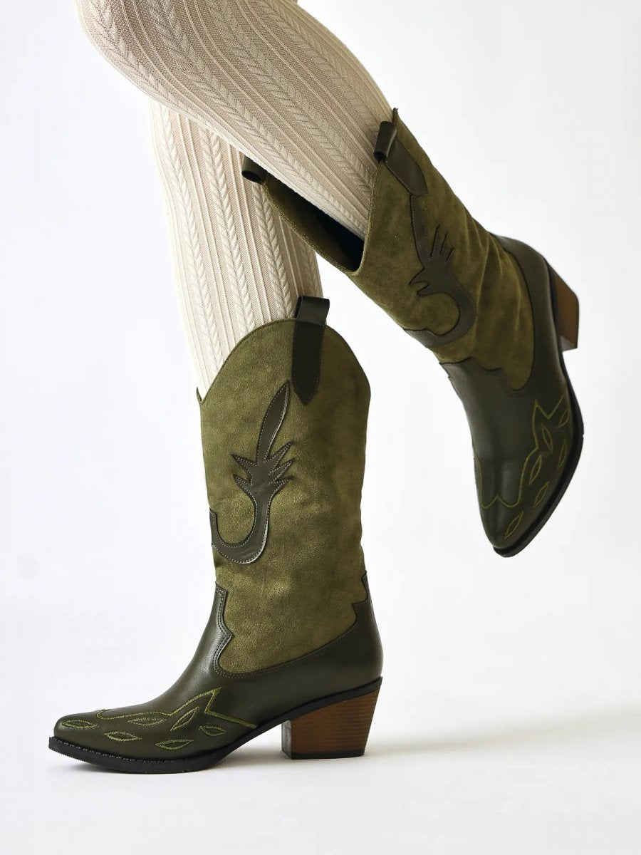 Suede Detailed Embroidered Pointed Toe Western Boots