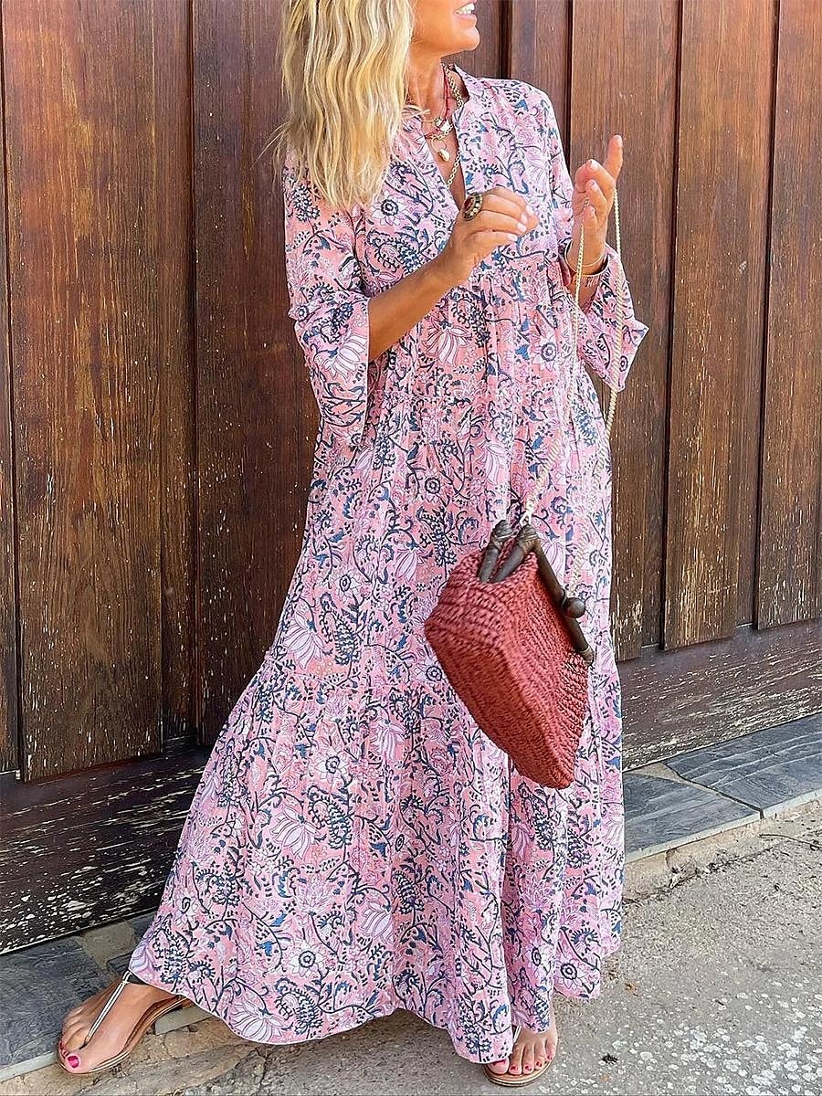 Ladies Long Sleeve Printed V-Neck Casual Floral Long Dress