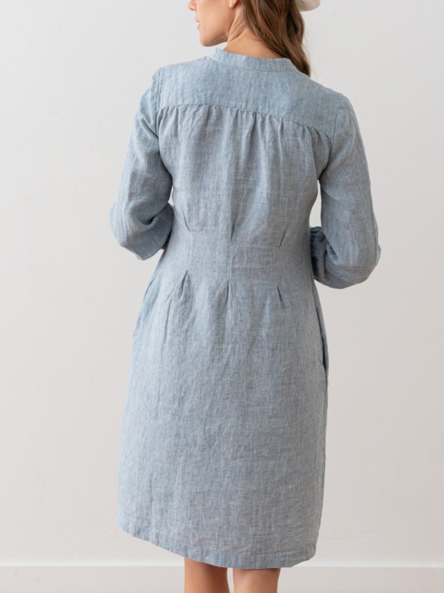 Long Sleeve Washed Pleated Linen Dress