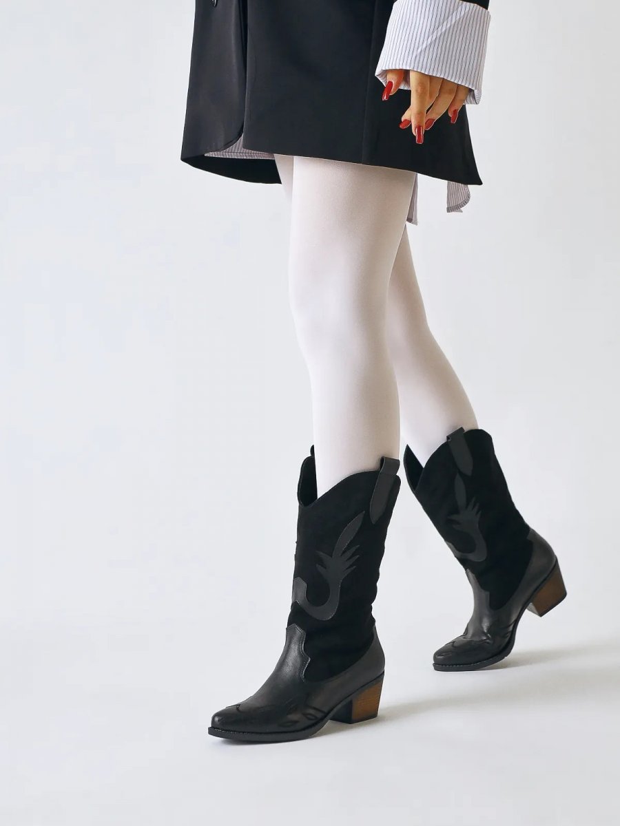 Suede Detailed Embroidered Pointed Toe Western Boots