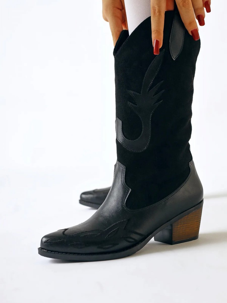 Suede Detailed Embroidered Pointed Toe Western Boots