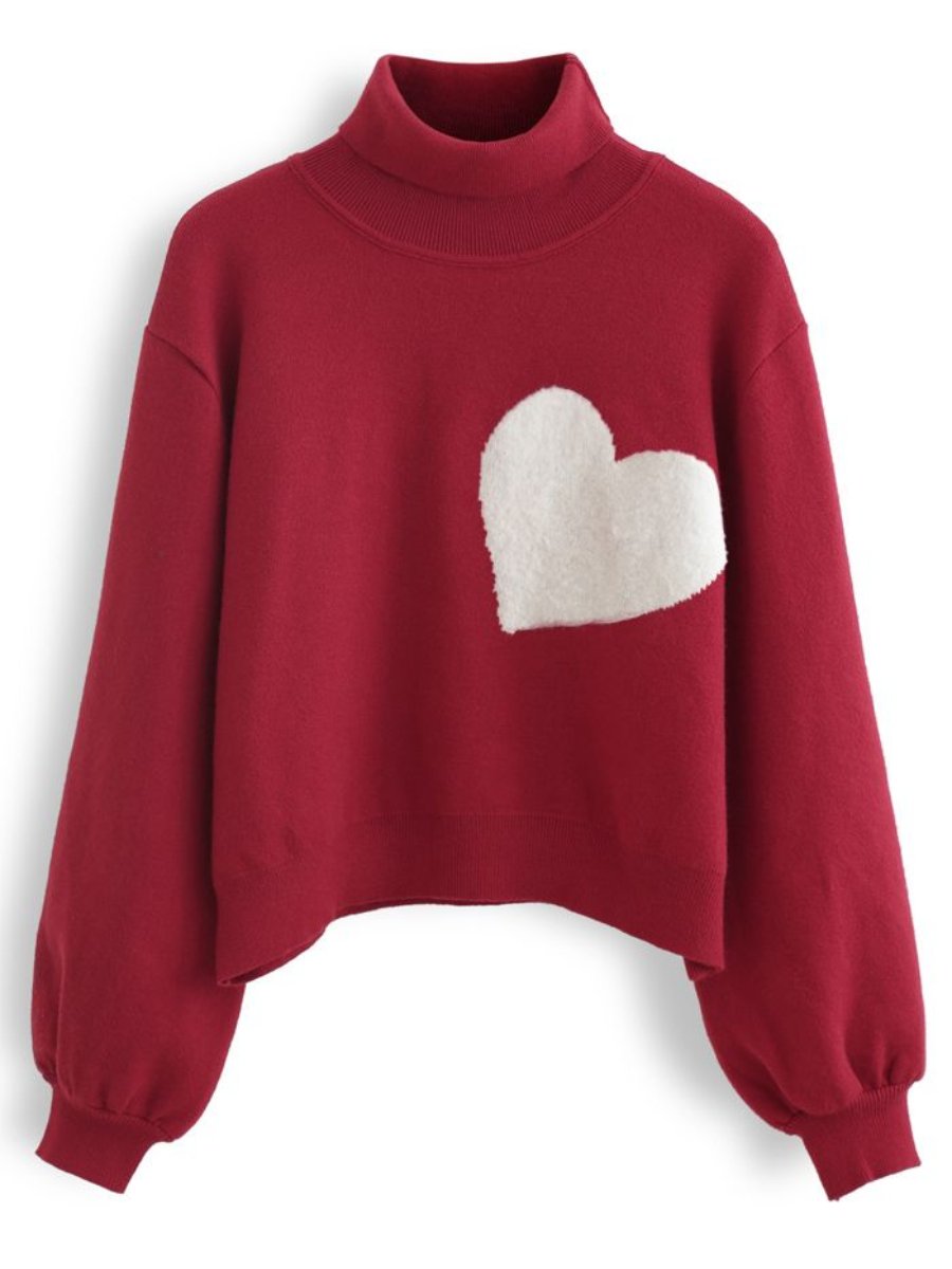 Embroidered Heart High Neck Knit Sweater In Red