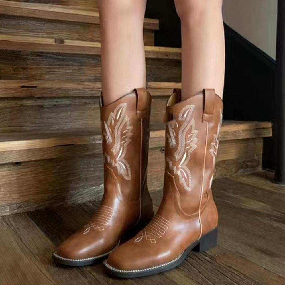 Embroidered Chunky Heel V Mouth Western Rider Boots