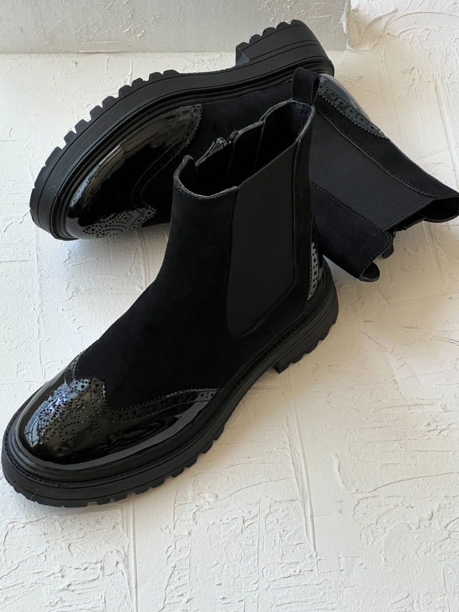 Fall Black Shiny Suede Patchwork Boots