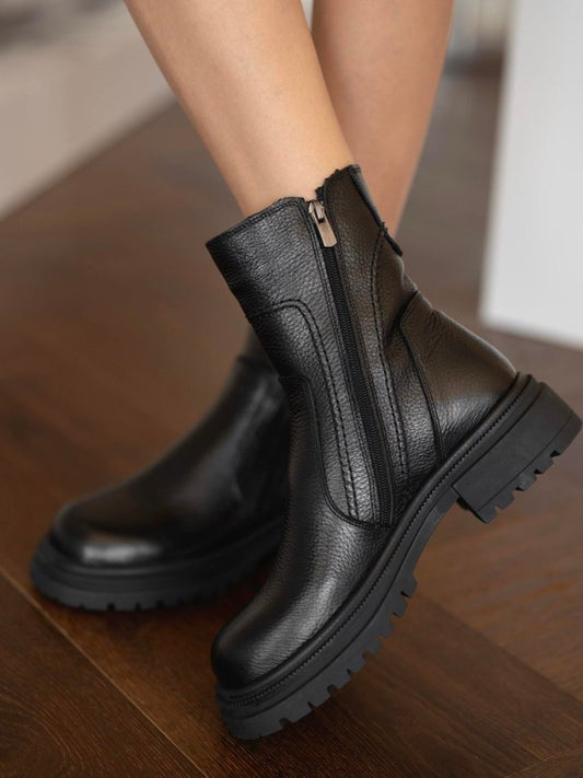 Women's Black Double Zip Leather Boots