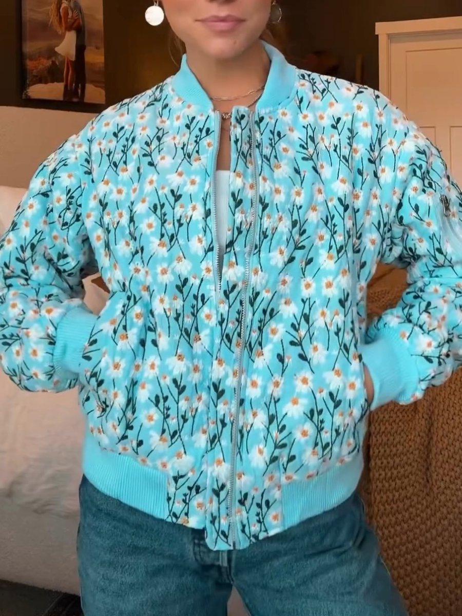 Fashionable Embroidered Daisy Bomber Jacket