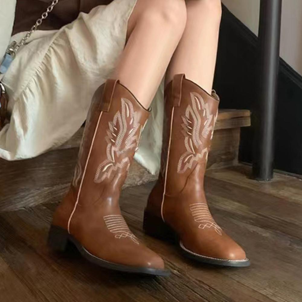 Embroidered Chunky Heel V Mouth Western Rider Boots