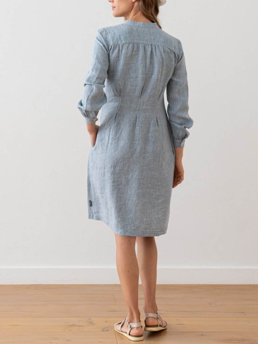 Long Sleeve Washed Pleated Linen Dress