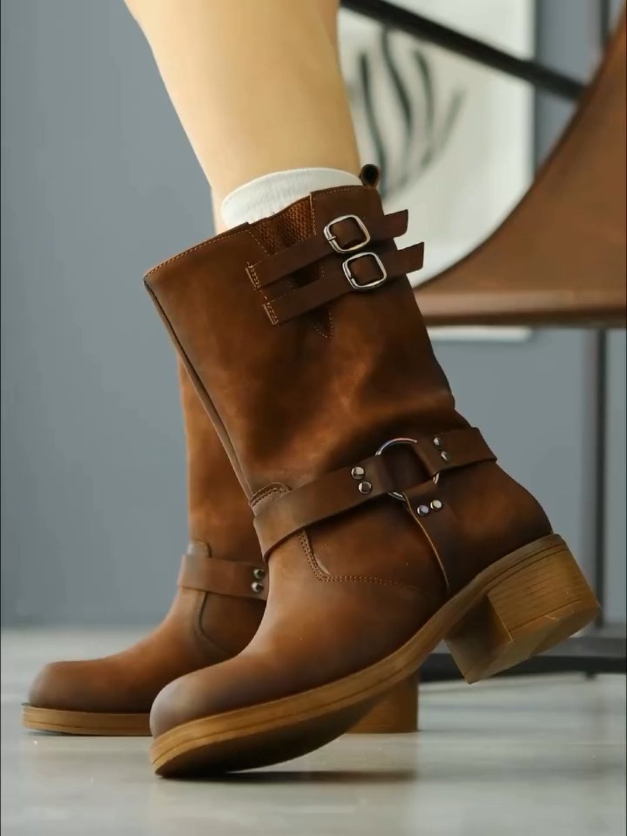 Bottom Buckle Detail Elastic Long Pull Up Boots