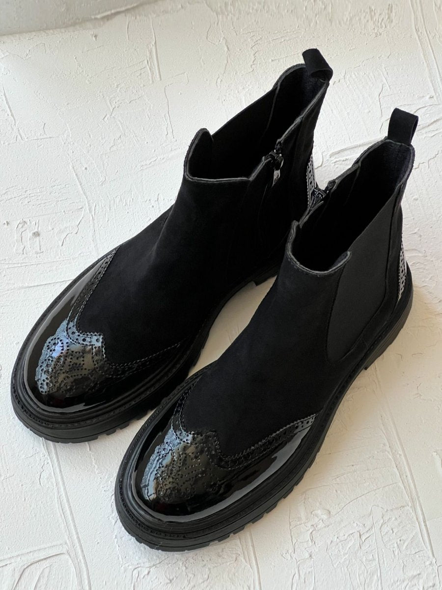 Fall Black Shiny Suede Patchwork Boots