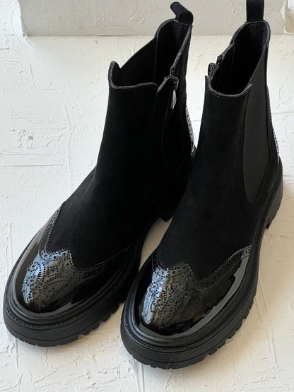 Fall Black Shiny Suede Patchwork Boots