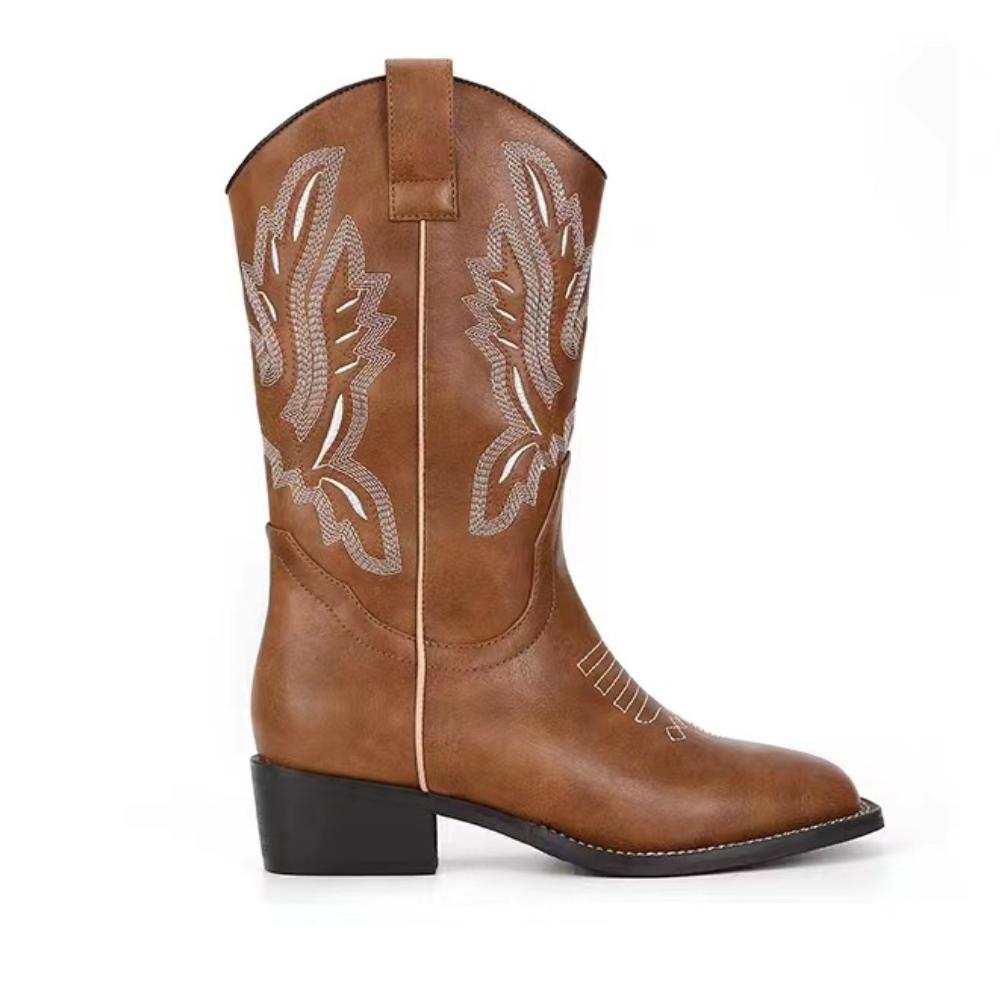 Embroidered Chunky Heel V Mouth Western Rider Boots