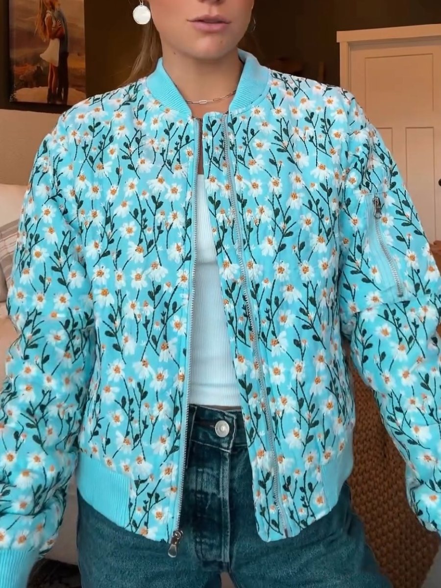 Fashionable Embroidered Daisy Bomber Jacket